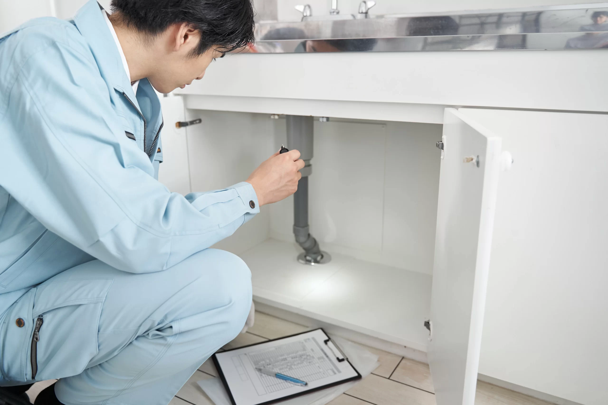 Commercial plumber performing a routine plumbing inspection in a commercial kitchen.