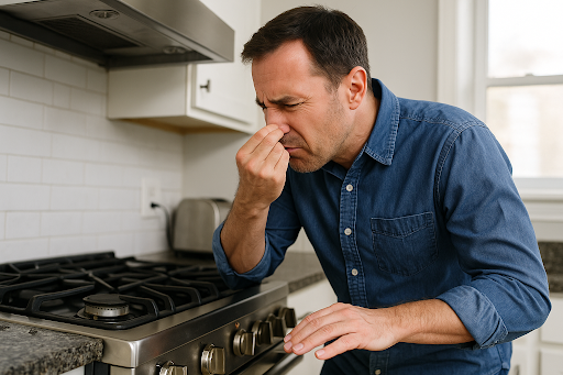 homeowner checking kitchen area for gas leak repair signs.