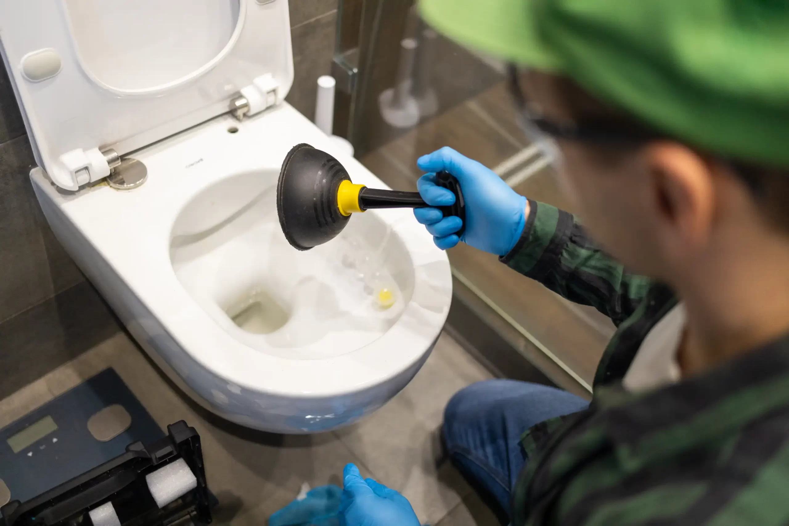 Plumber unclogging toilet during residential plumbing service.