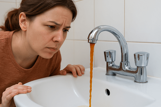 Homeowner noticing rusty water coming from the faucet, signaling water heater repair.
